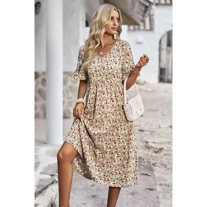Supreme Fashion - Wholesale Dress - Women's - Boho Floral Ruffle Hem V Neck Short Sleeve Dress