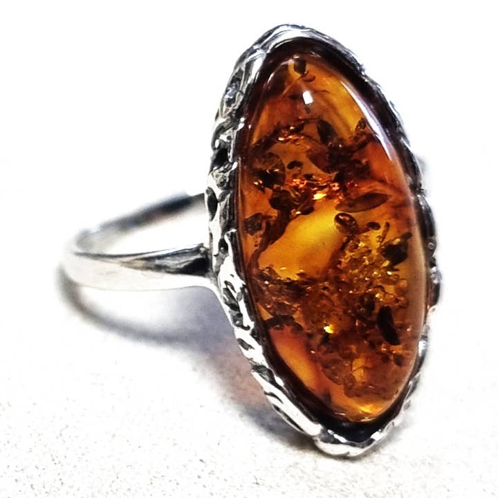 Anel Clássico Grande Marquise em Prata de Lei 925 e Âmbar Báltico Genuíno - AR21 por atacado de SilverAmber Jewellery