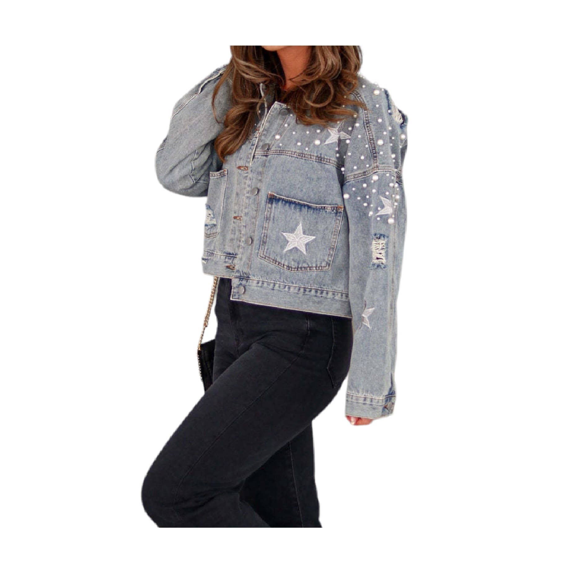 Mapcie - Wholesale Denim Jacket - Women's - STAR DETAIL RIPPED DENIM PEARL JACKET12