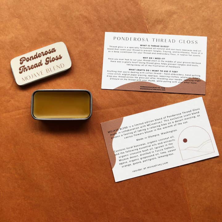 MCreativeJ – Engroshandel Broderitilbehør – Tråd Gloss. Mojave Blend. Citrus & Creosot. Duftende naturlige bivoks balsam til håndbroderi, quiltning, syning.