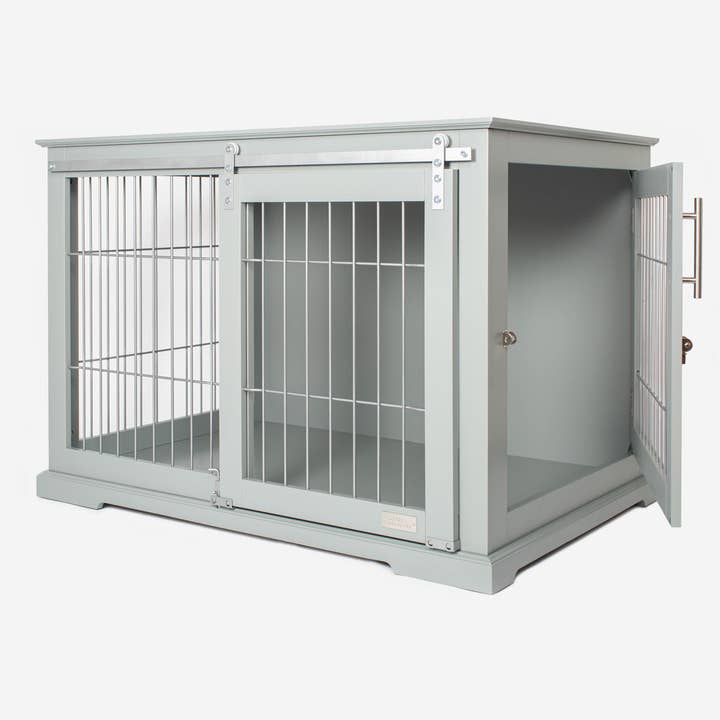 Wooden Sliding Door Dog Crate in Grey for wholesale on Faire2