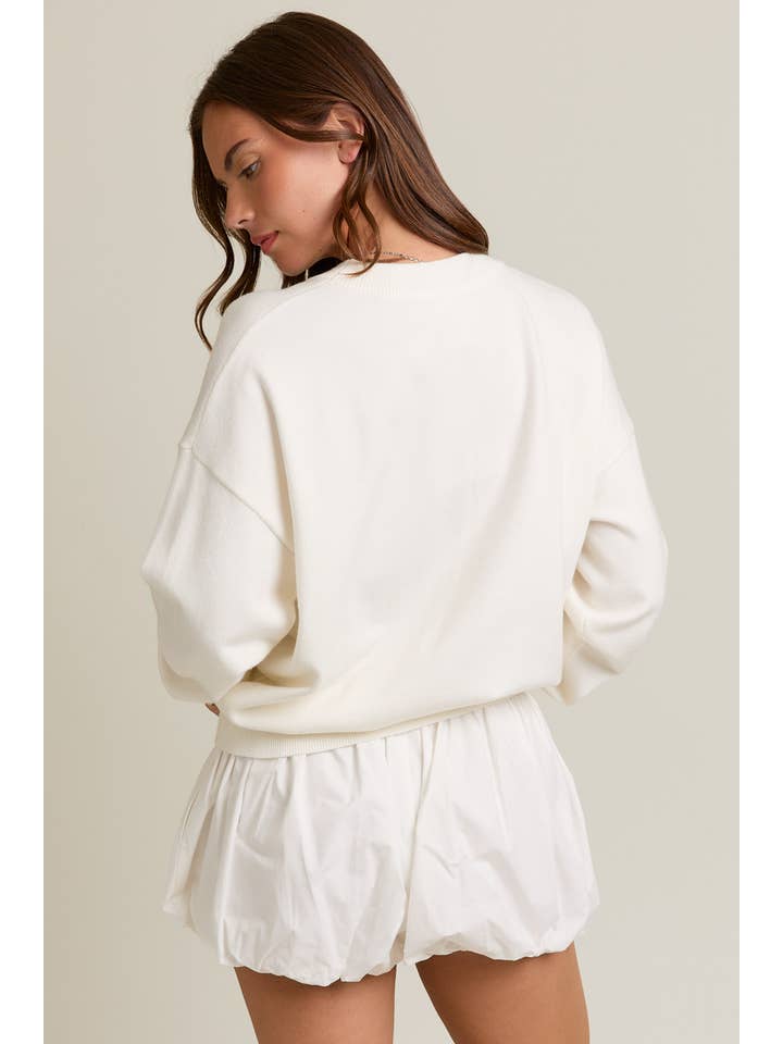 White LONG SLEEVE CREW NECK PUPPY GRAPHIC SWEATER for wholesale on Faire3