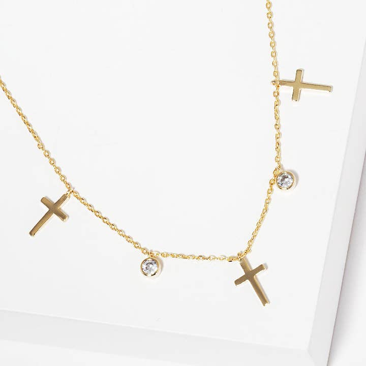 Wild Honey - Wholesale Pendant/Charm Necklace - 18K Gold Dipped Cubic Zirconia Cross Station Necklace4