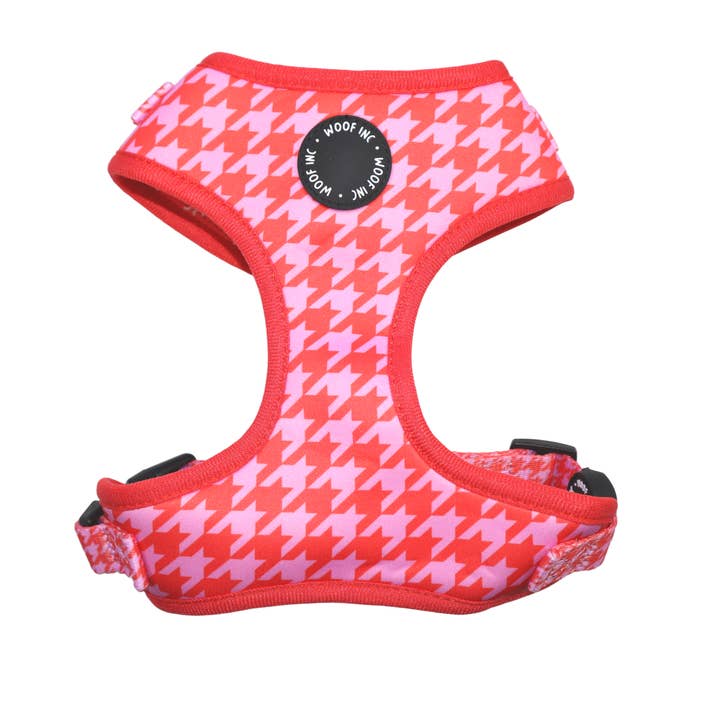 Red & Pink Houndstooth Adjustable Dog Harness for wholesale by WOOF INC
