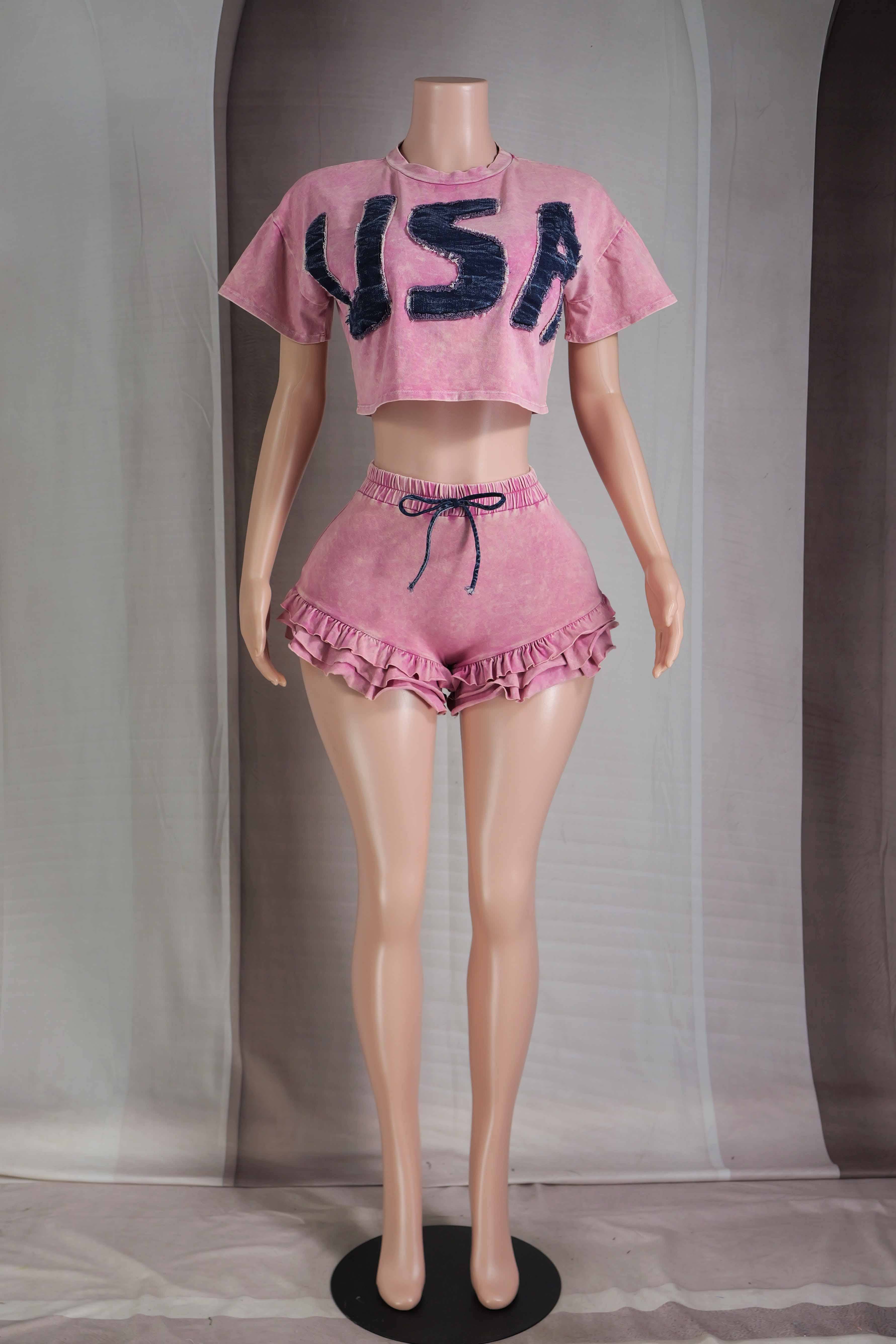 Ultra Pink MINERAL WASH DENIM PATCH TOP & RUFFLED SHORT SET for wholesale on Faire1