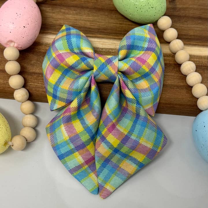 Bright Easter Plaid Dog Sailor Bow, Spring Pet Bow for wholesale by Dos Doxies LLC