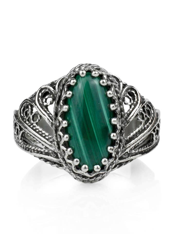 Anillo de plata para mujer con alas de ángel y gema de malaquita artística para venta al por mayor de Filigranist Jewelry