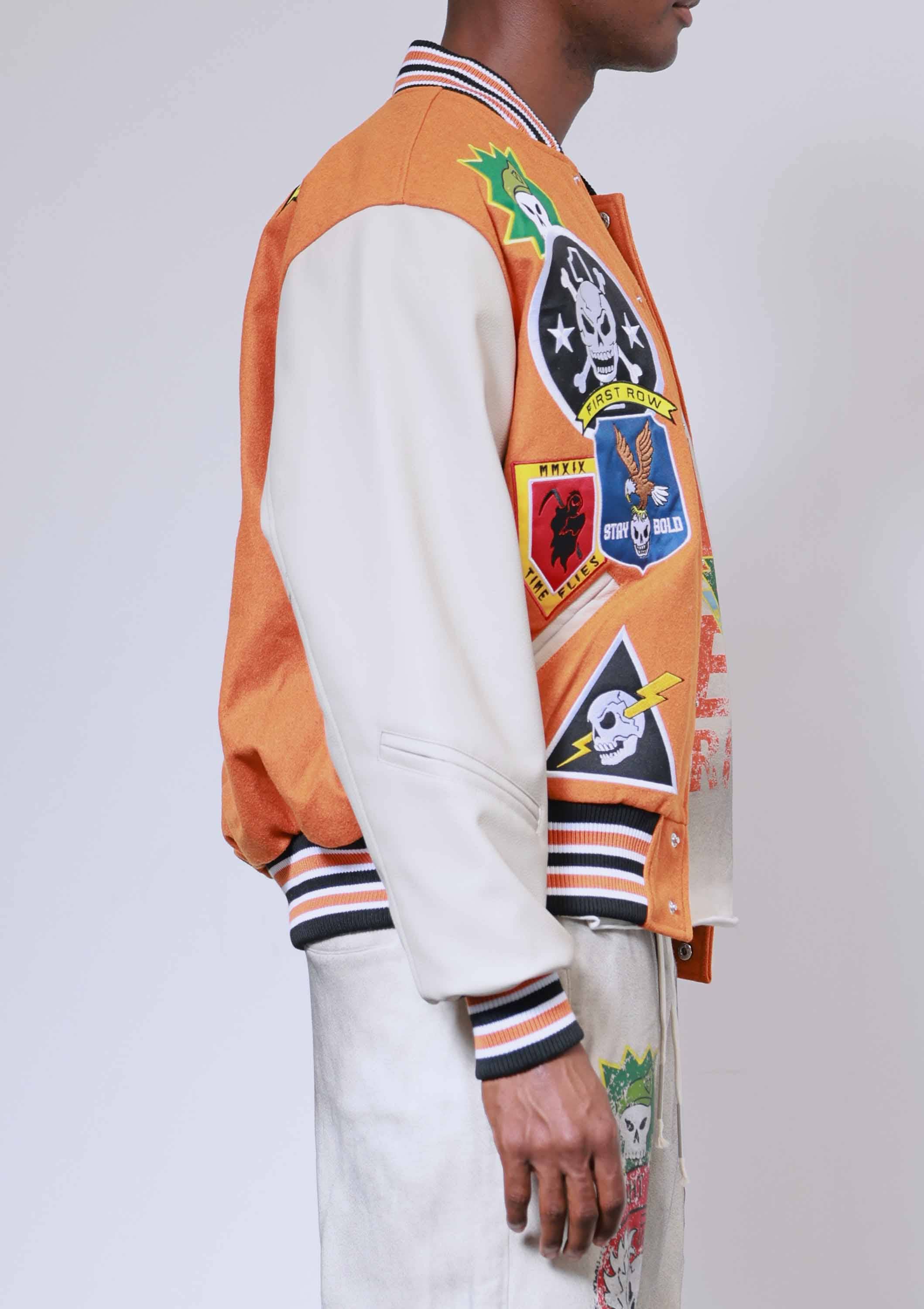 Orange LOGO ALLOVER VARSITY JACKET for wholesale on Faire4