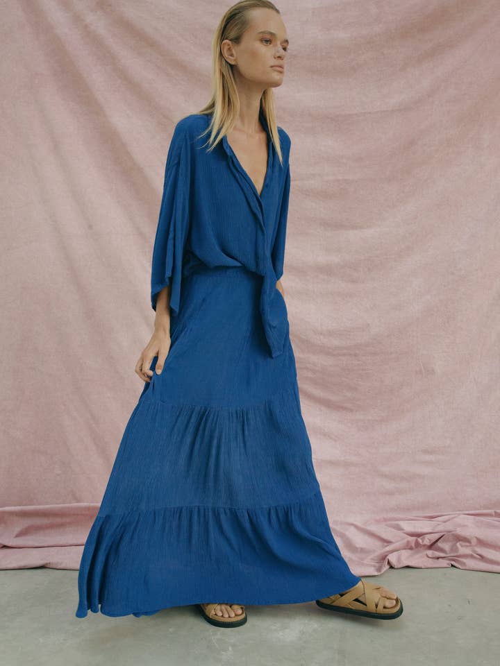 Saia Maxi de Cintura Alta The Sky - Blue Krinkle por atacado de State of Georgia