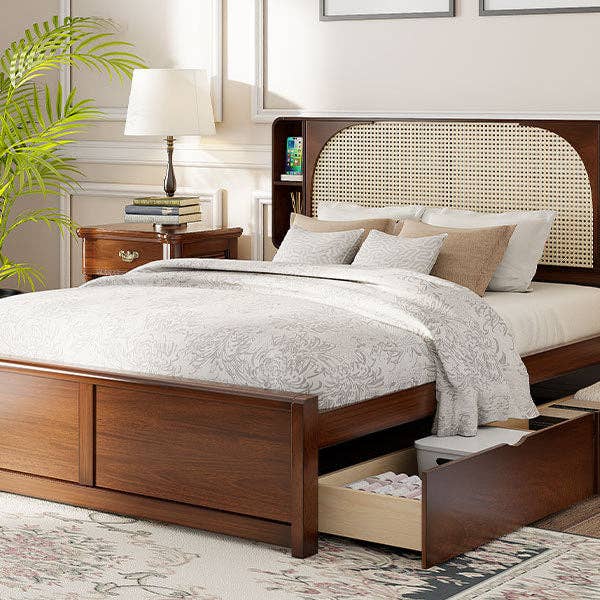 HOMYCASA DESIGN INC - Wholesale Bed - Queen Size Rattan Headboard Bed with Two Drawers and Trundle, Walnut16