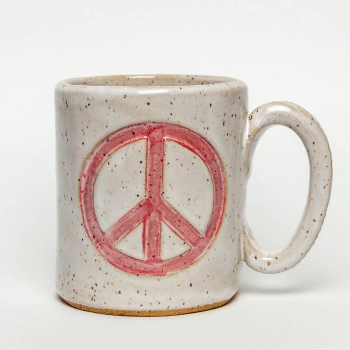 Peace Sign Handmade Ceramic Ivory/Red Peace Sign 12oz Mug for wholesale by White Squirrel Clayworks