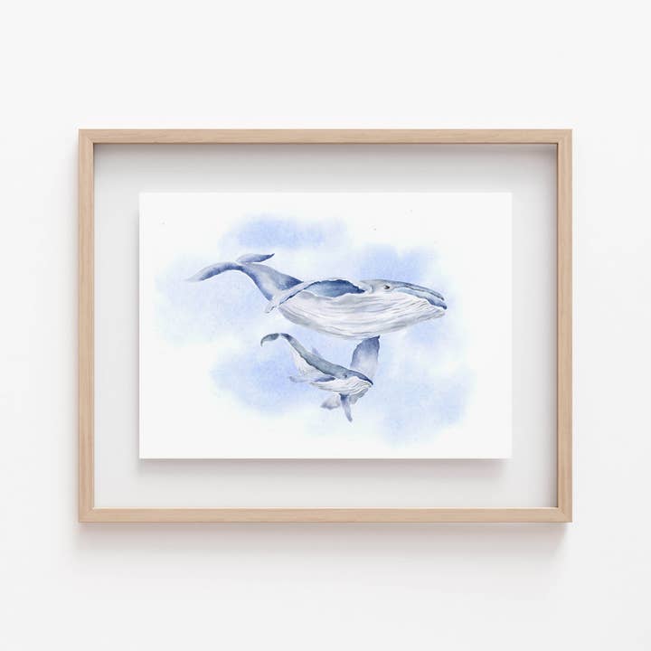 Mom and Baby Watercolor Whale Print for wholesale by Carrie And The Brush