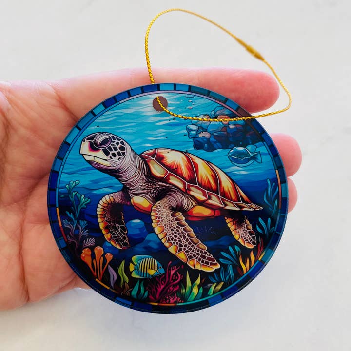 Adorno de océano de tortuga marina de imitación de vidrio teñido - Navidad para venta al por mayor de Spellbound Rose Creations
