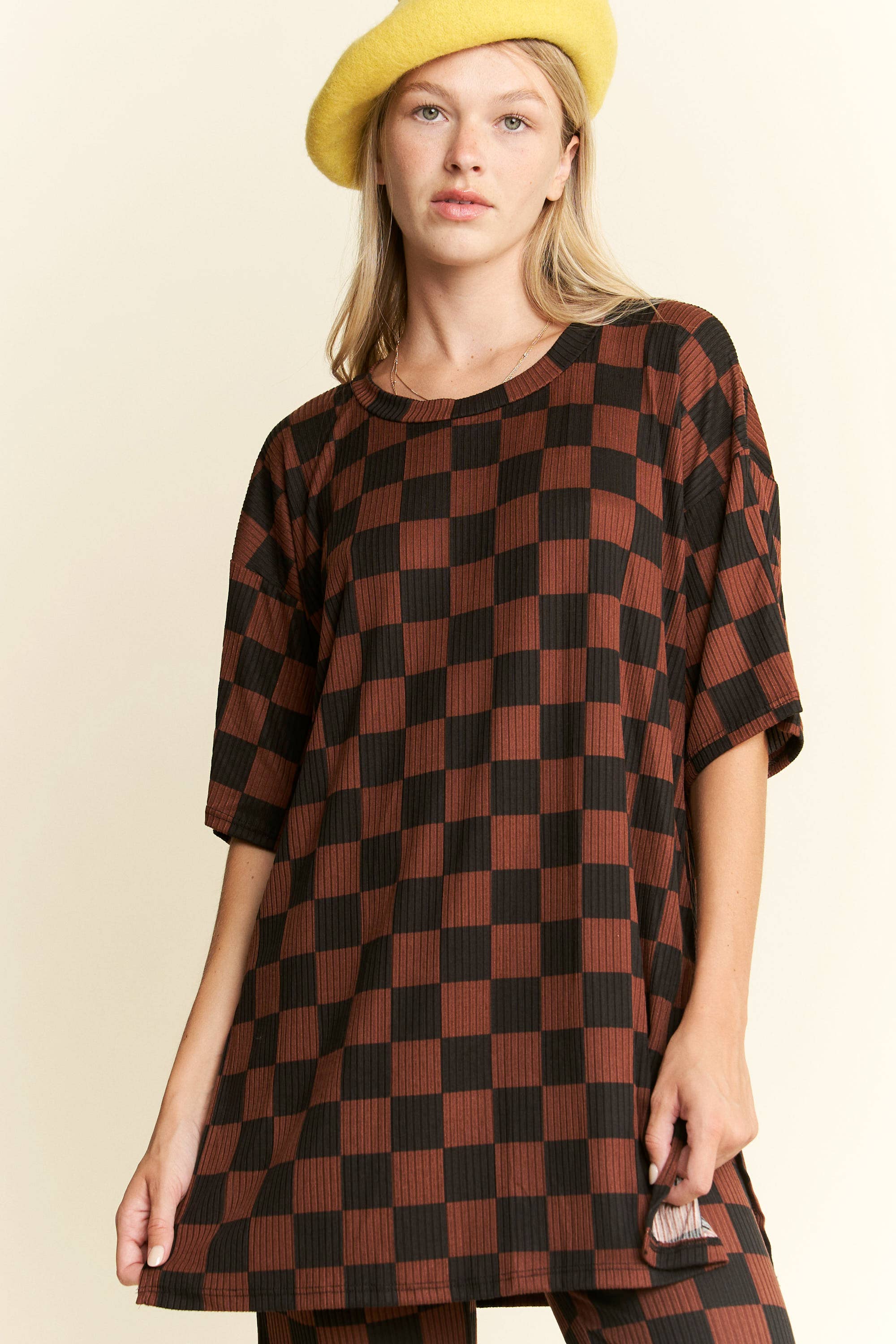 JADE BY JANE - Wholesale Lounge Set - Women's - RIBBED CHECKERED PRINT TOP/STRAIGHT LEG PANTS SET52