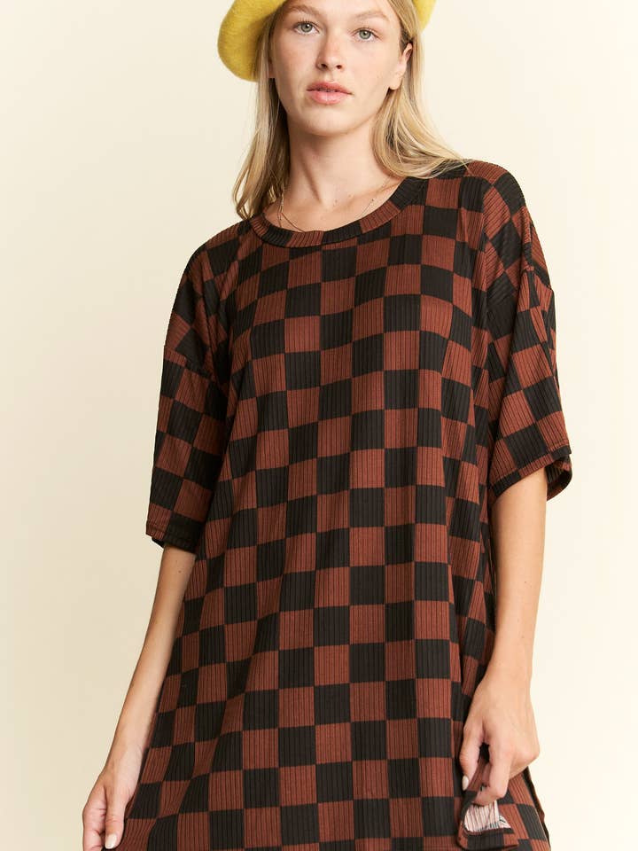 JADE BY JANE - Wholesale Lounge Set - Women's - RIBBED CHECKERED PRINT TOP/STRAIGHT LEG PANTS SET52