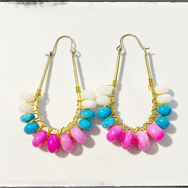GentrybyJenna - Wholesale Dangle Earrings - Wire Wrapped Hoop Glass Bead Dangle Earring Turquoise Pink