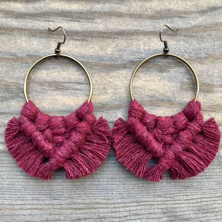 HK Macrame Jewelry - Wholesale Dangle Earrings - Large Square Knot Earrings - Burgundy & Bronze
