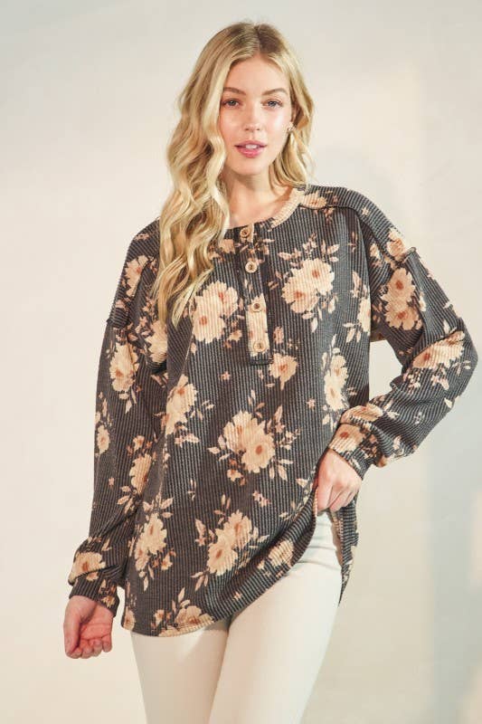 CHARCOAL ET7775-11LONG SLEEVE FLORAL BUTTON UP TOP for wholesale on Faire0