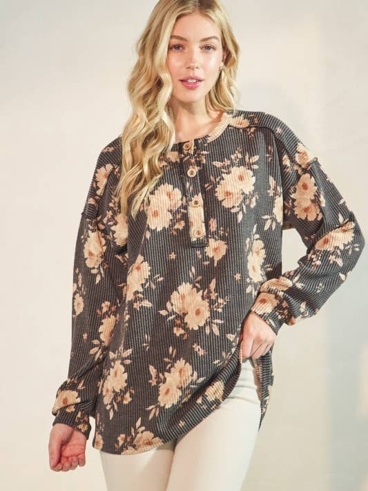 CHARCOAL ET7775-11LONG SLEEVE FLORAL BUTTON UP TOP for wholesale on Faire