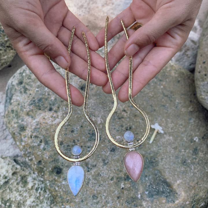 Mermaid Brass Hair Fork with Rainbow Moonstone for wholesale by Bonisita