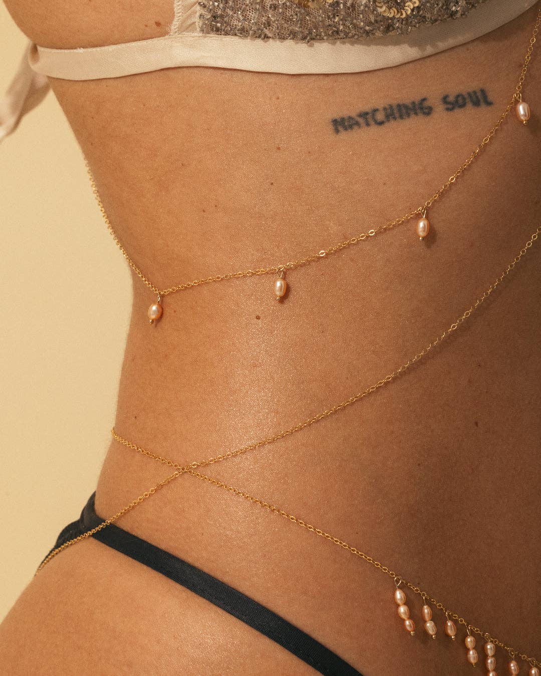 Apsara Jewels - Wholesale Face/Body Chain - Gold body chain - pink pearlescent beads6