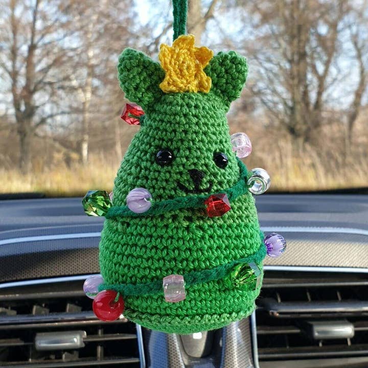 Crochet Green Cat Christmas Tree Car Mirror Hanging Ornament for wholesale by TOMOPOD LLC