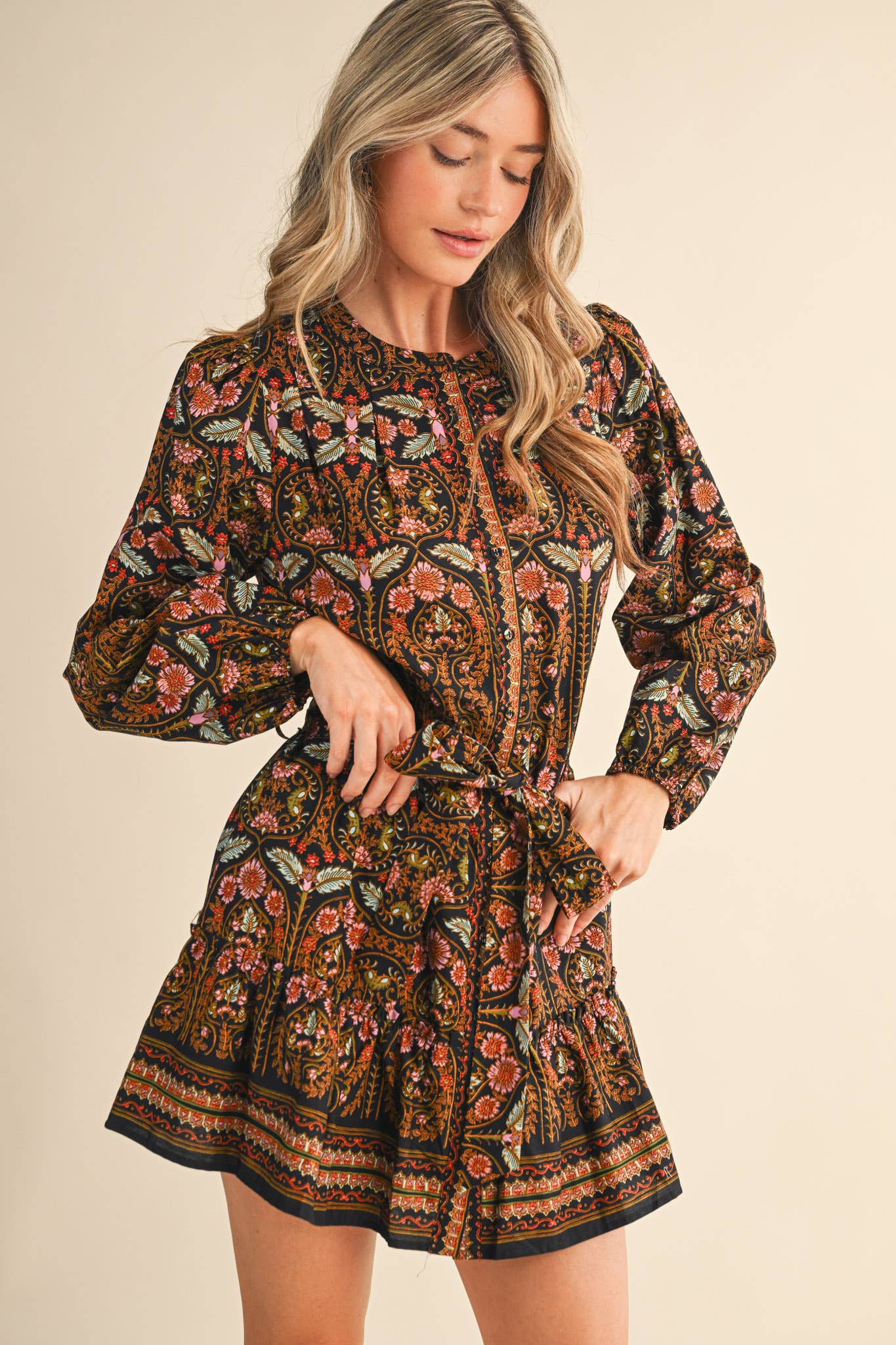 &MERCI - Wholesale Dress - Women's - EXCLUSIVE FLORAL PRINT BUTTON DOWN BELTED MINI DRESS MDR45217