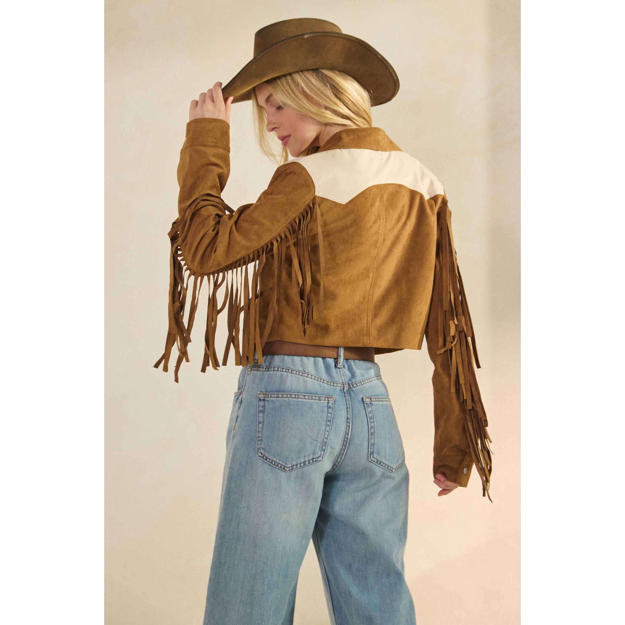 Camel Suede Jacket with Fringe Detail for wholesale on Faire20