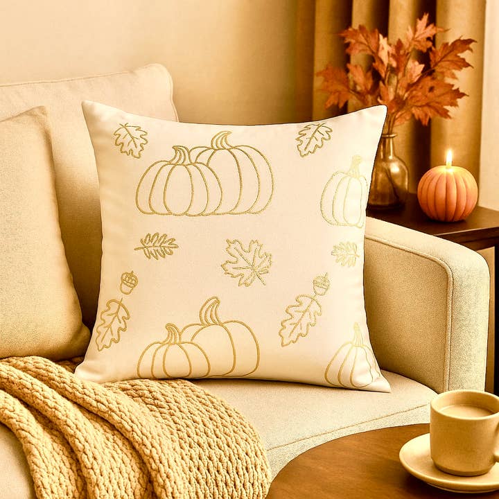 Holiday Decor Gold Pumpkin Throw Pillow 18"x18" Fall Season for wholesale by FLUFFERY