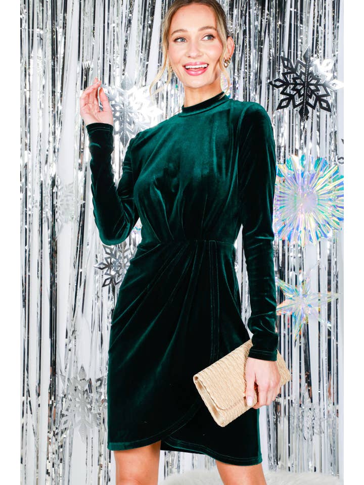 Vine & Love - Wholesale Dress - Women's - Mock Neck Wrap-Front Bodycon Velvet Mini Dress VD819971