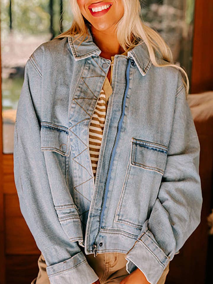Beau Blue Street Style Zip Up Washed Denim Jacket for wholesale by Lovesoft