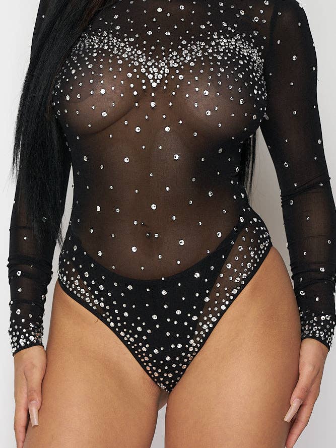 Longsleeve Black Iridescent Rhinestone Embellished Bodysuit for wholesale on Faire