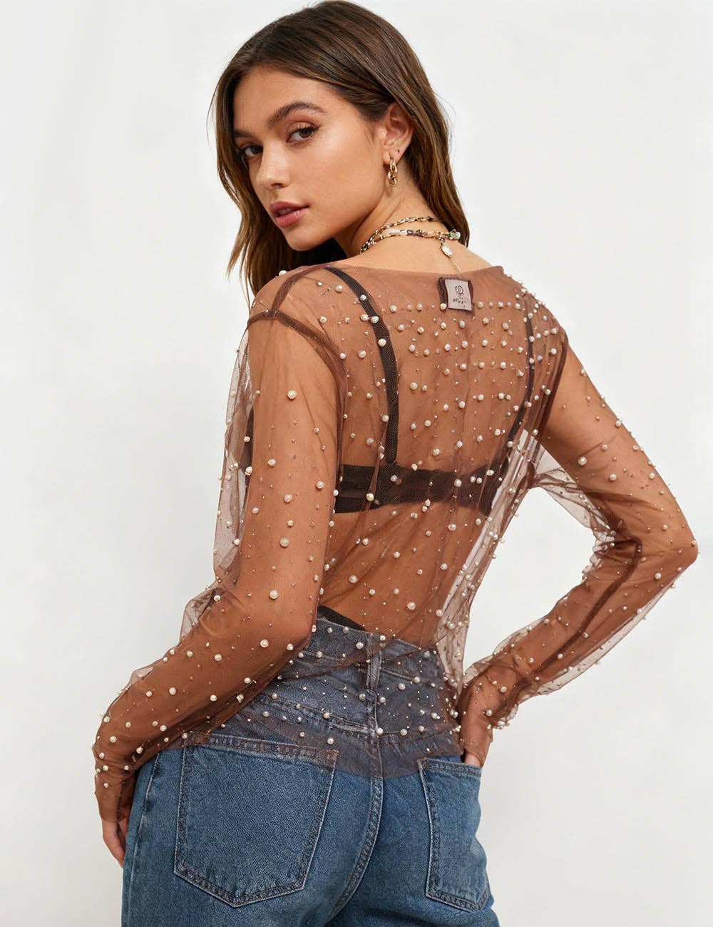 Sweetkama - Wholesale Blouse – Women’s - Pearl Rhinestone Studded See Through Mesh Crop Top SKT19768
