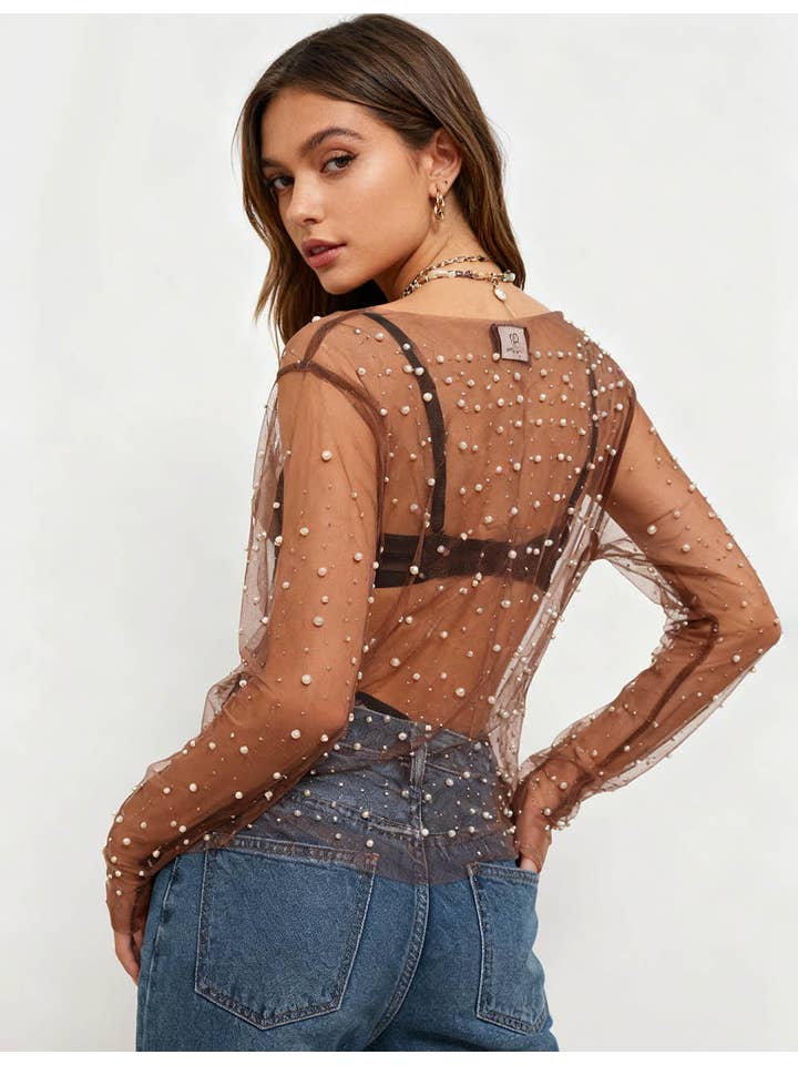 Sweetkama - Wholesale Blouse - Women's - Pearl Rhinestone Studded See Through Mesh Crop Top SKT19768