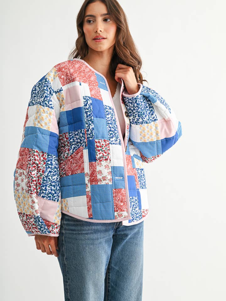 BLUE MULTI CJJ26871 PATCHWORK BLISS QUILTED JACKET for wholesale on Faire9