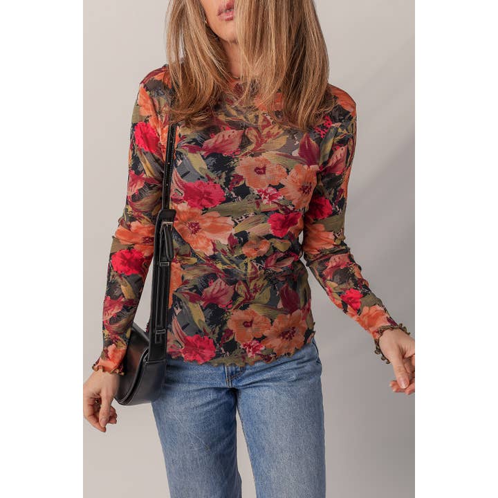 Floral Print Lettuce Trim Long Sleeve Mesh Top | S-XL and other Purchase Wholesale polyester mesh fabric. Free Returns & Net 60 Terms on Faire trending on Faire.