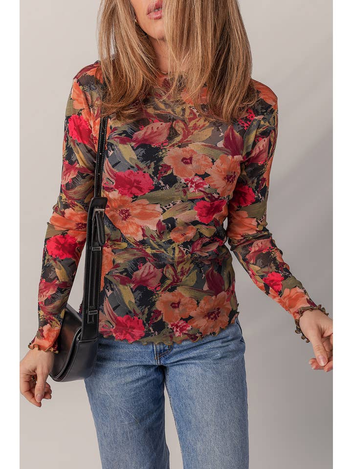 As shown Floral Print Lettuce Trim Long Sleeve Mesh Top | S-XL for wholesale on Faire