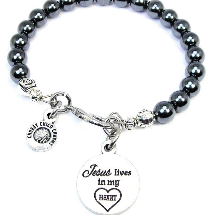 Jesus Lives In My Heart Hematite Glass Bracelet Prayer Faith for wholesale by Chubby Chico Charms