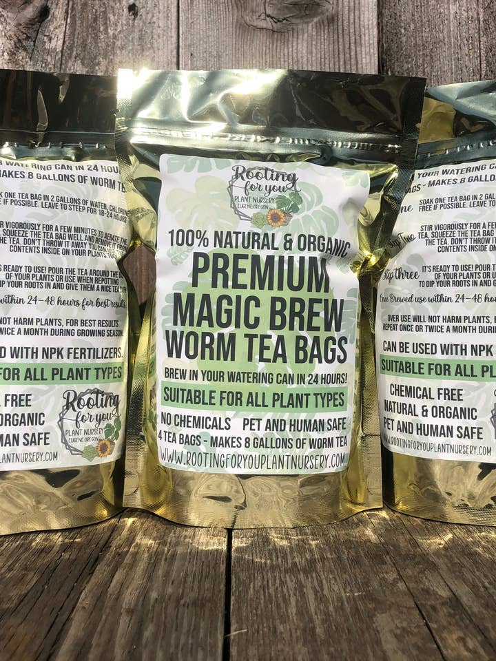 Sacos de chá premium Magic Brew Worm Natural e Orgânico 4 saquinhos de chá fazem 8 galões - berçário licenciado em Oregon - Fácil de preparar em seu regador! por atacado de Rooting For You Plant Nursery