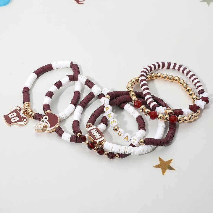 Sensibling Corp. - Wholesale Jewelry Set - 7PCS - Football Charm Star GAME DAY Message Heishi Beaded Stretch Multi Layered Bracelets3