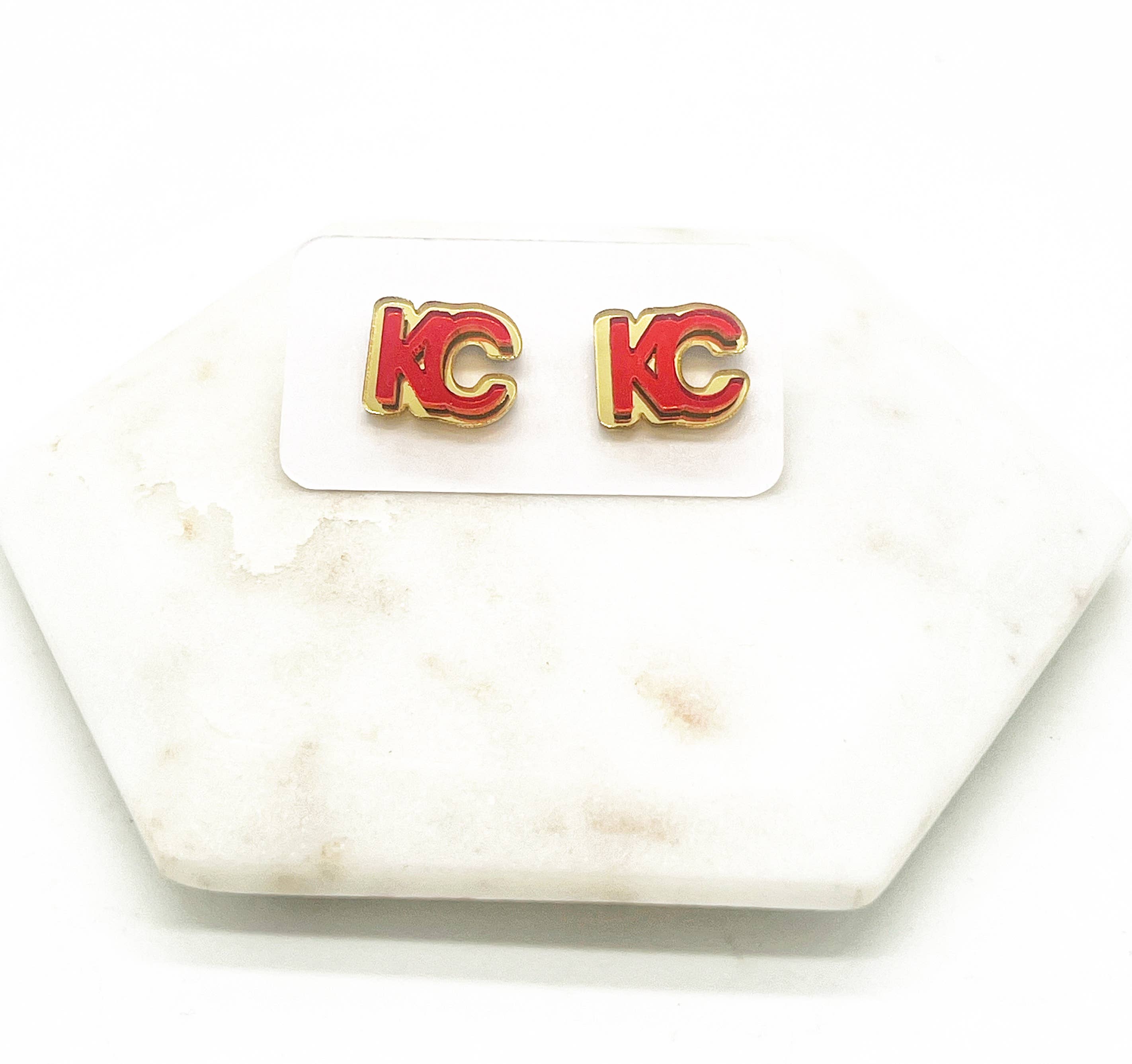 Baubles by B - Wholesale Stud/Post Earrings - Gold and Red KC Kansas City Chiefs Mirrored Stud Earrings5