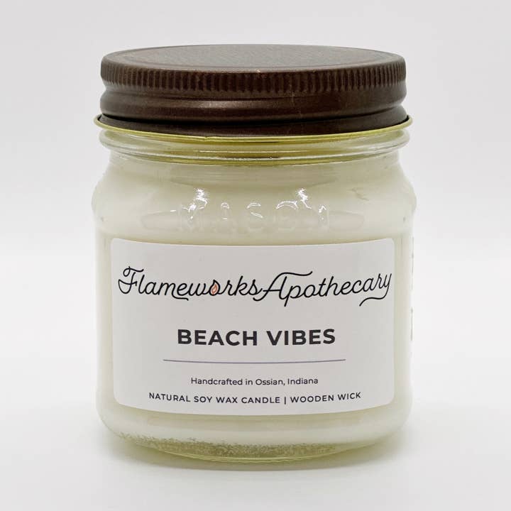 Vela de mecha de madera con tarro de masón Beach Vibes para venta al por mayor de Flameworks Apothecary