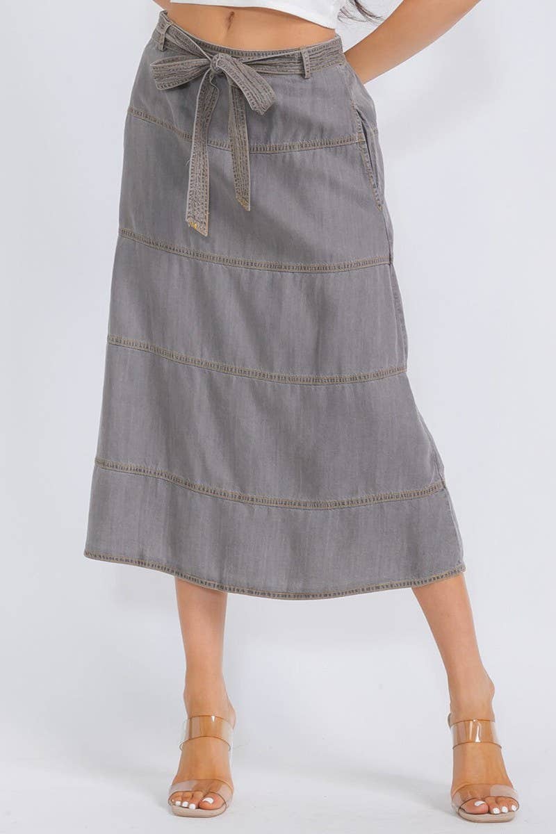 Gray 2250045- Solid lyocell tiered tied waist midi skirt for wholesale on Faire0