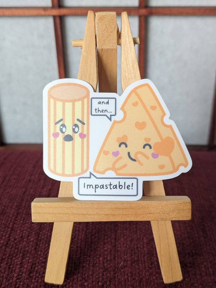 Impastable mac and cheese pun vinyl waterproof sticker for wholesale by Lia Mayu Designs