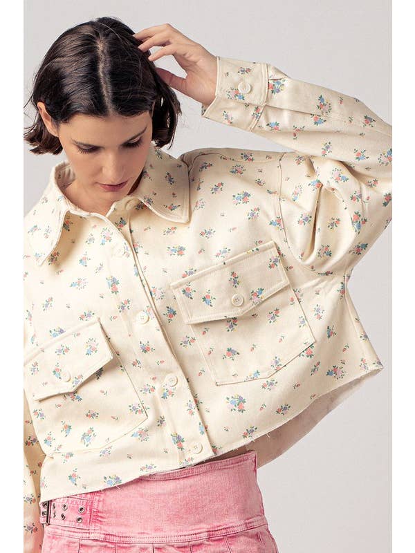 Urban Daizy - Wholesale Jacket - Women's - Floral Print Button Front Raw Hem Cotton Utility Jacket17