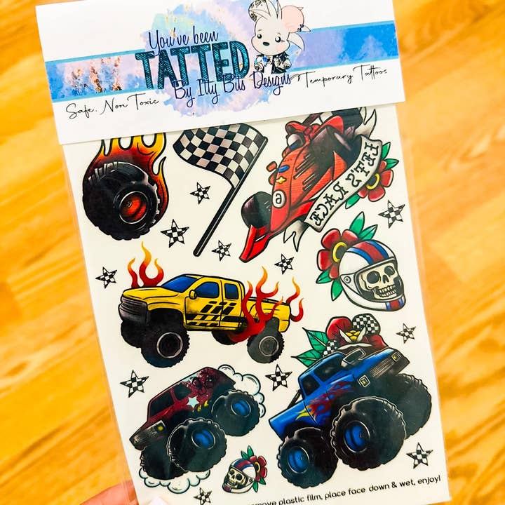 Itty Bits Designs - Wholesale Temporary Tattoo - Race Cars & Monster Trucks Temporary Tattoos