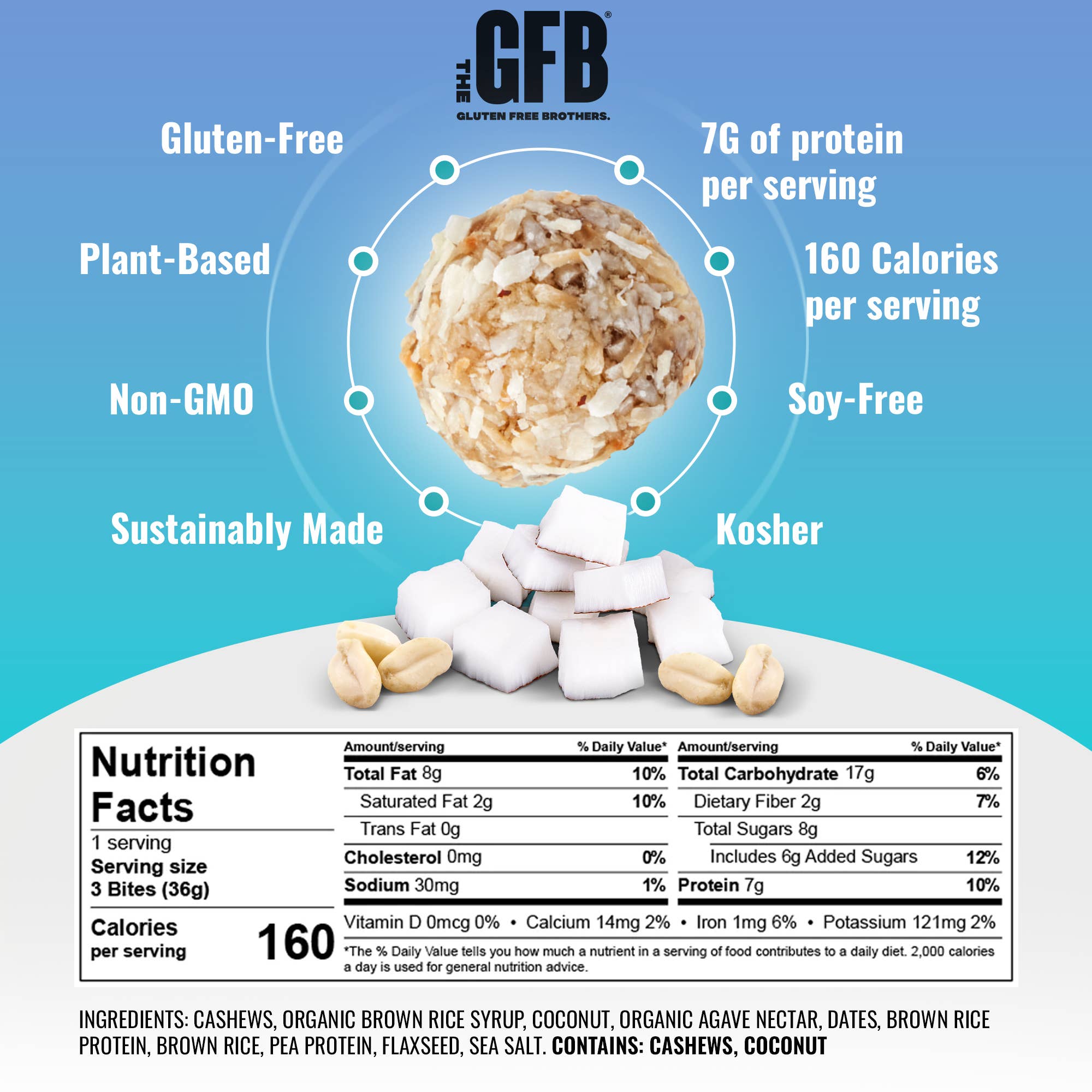 The GFB - Wholesale Snack bar - The GFB Coconut Cashew Bites: Individually Wrapped 10 Ct Box1