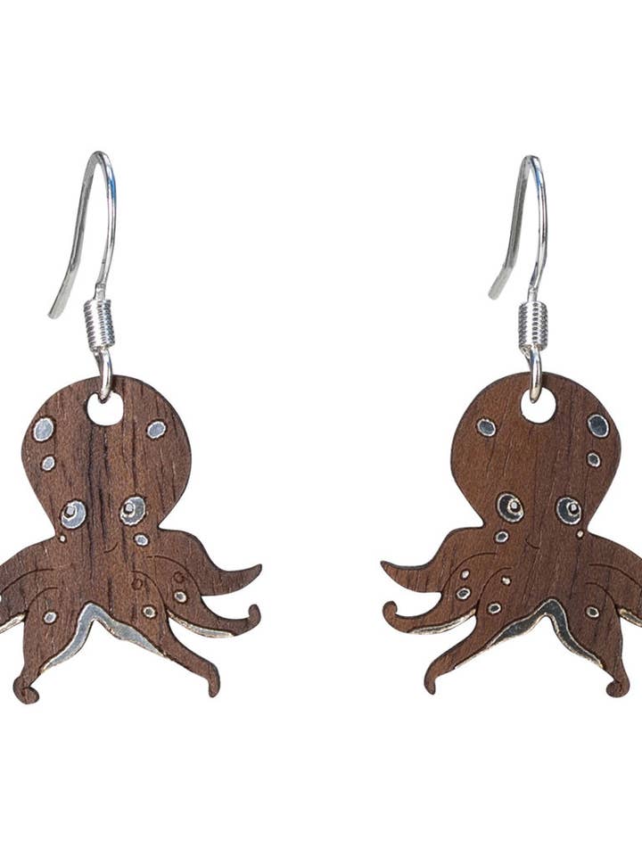 Octopus Twig Earring with Silver Foil Accent for wholesale by Woodcutts Inc.