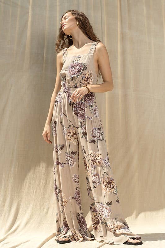 Taupe Floral Print Wide Leg Jumpsuit for wholesale on Faire6