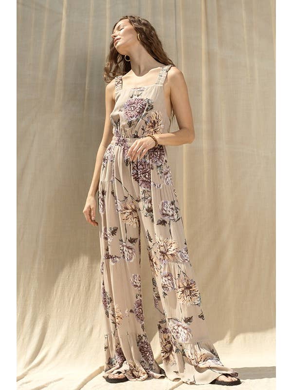 Taupe Floral Print Wide Leg Jumpsuit for wholesale on Faire6
